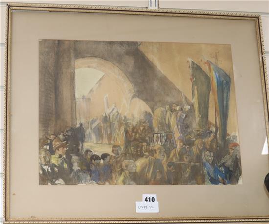 Attributed to Sir Frank Brangwyn, watercolour and black chalk, On the road to Calvary, 34 x 45cm.